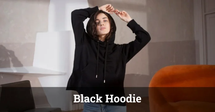 Classic black hoodie with a front pocket and adjustable hood, perfect for casual wear.