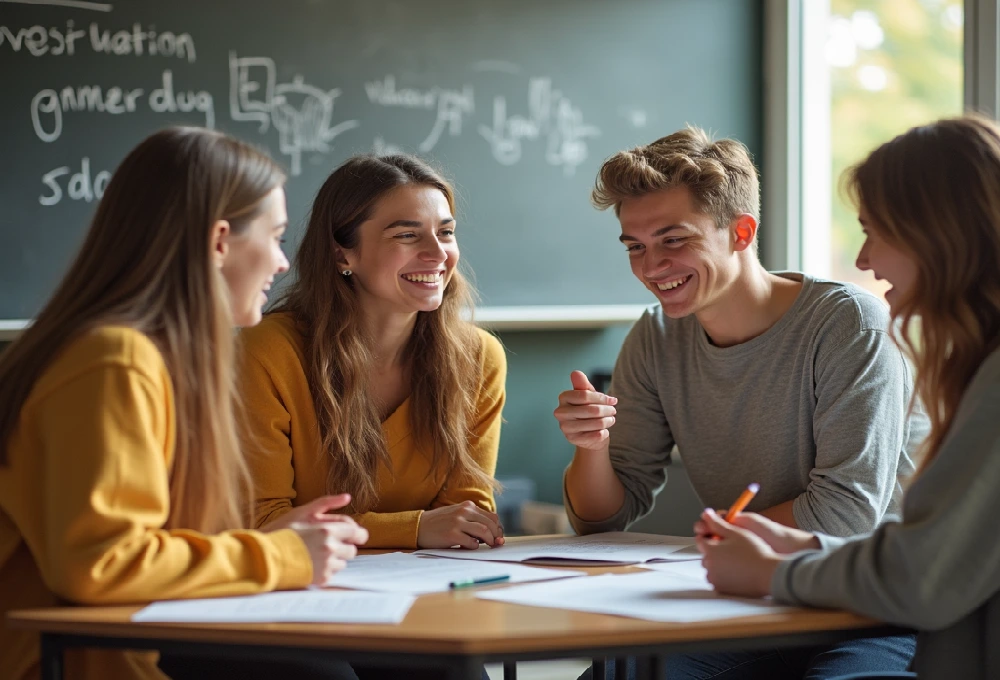 First Day for new Students collaborating in a classroom setting, engaging in a group activity with notebooks and pencils on the table.