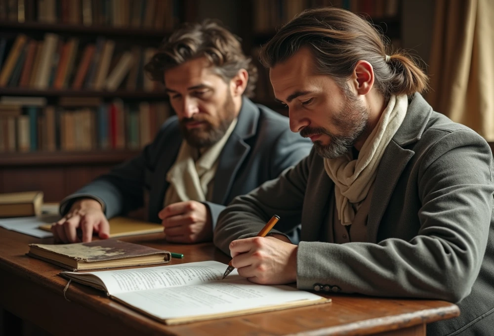 Write a Killer Historical Essay at a wooden desk in a library, surrounded by bookshelves.