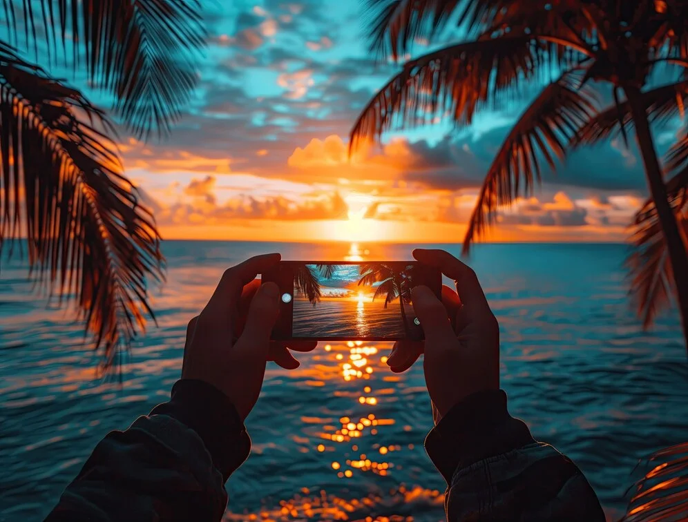 Capturing sunset at one of the most beautiful beaches 2025 with palm trees and ocean views perfect for Instagram photos.