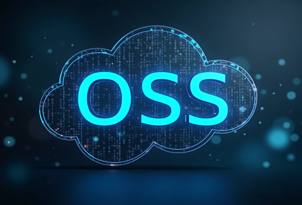 Open Source Software (OSS) concept represented by a glowing cloud with binary code in the background.