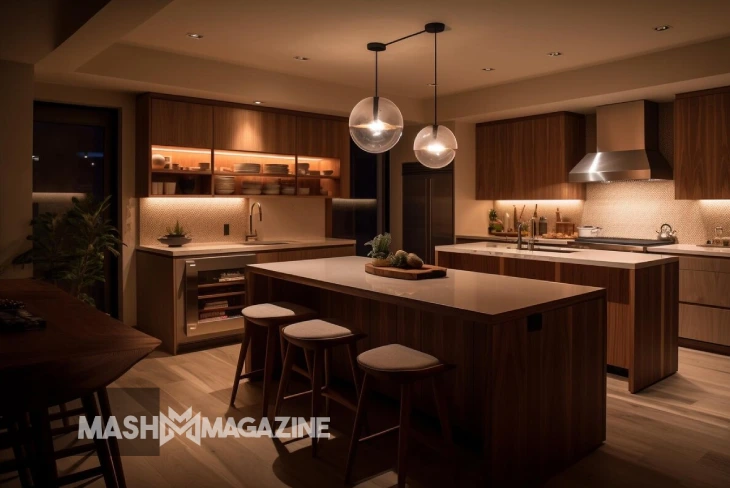 Organized kitchen island with storage solutions and stylish decor for a functional and modern kitchen setup.