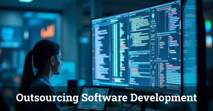 A software developer working on multiple screens displaying code, symbolizing Outsourcing Software Development for efficiency and scalability.