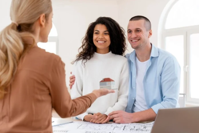 Real estate agent advising homebuyers on property listings.
