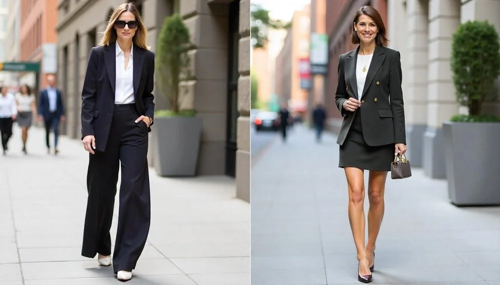 Side-by-side outfit comparison showing the 1/3 2/3 rule of dressing classy with perfect proportions and balance. 