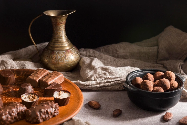 A collage of vintage cocoa tools and modern chocolate treats representing the History of Chocolate.