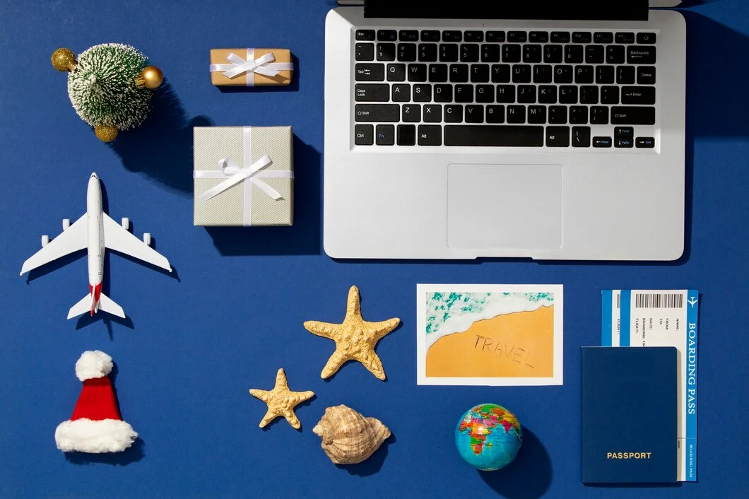 Travel planning items like laptop, passport, boarding pass, and gifts showing essentials for a memorable holiday overseas.