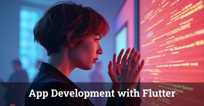 Developer with short red-highlighted hair examining Flutter code on a digital screen in a blue and red-lit workspace