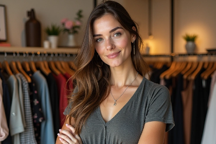 Stylish interior of a thriving boutique clothing store business with elegant displays and happy customers