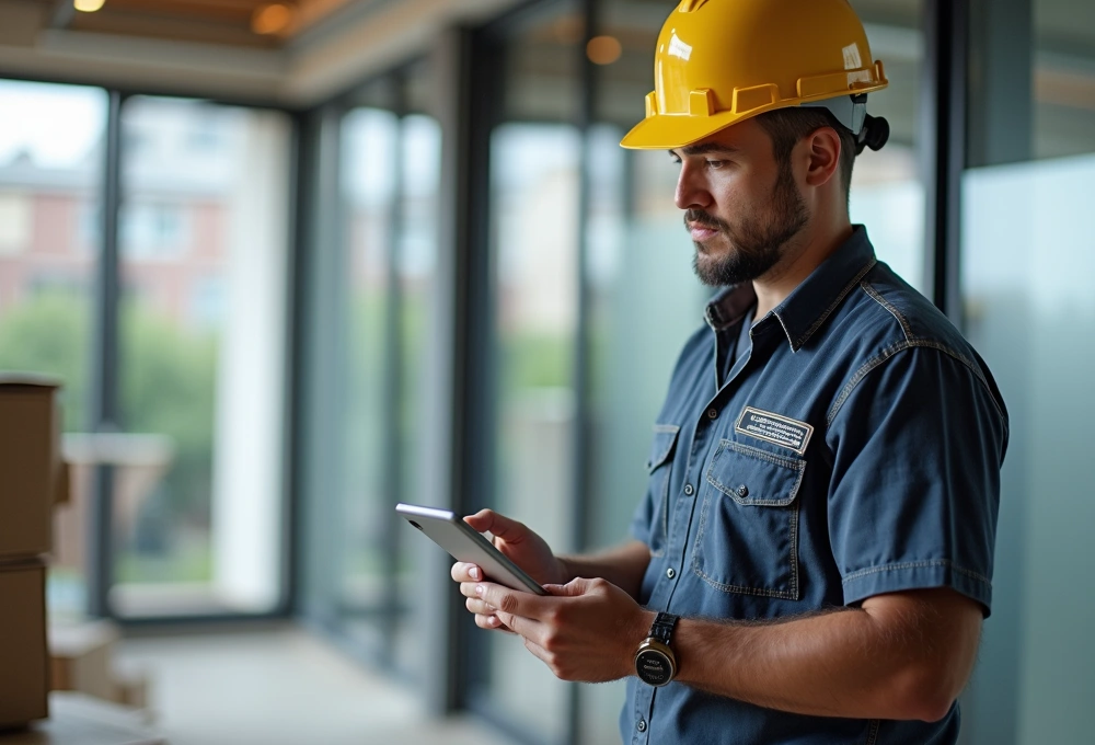 A professional commercial contractor wearing a yellow hard hat and blue work shirt, reviewing project details on a tablet in a modern building.