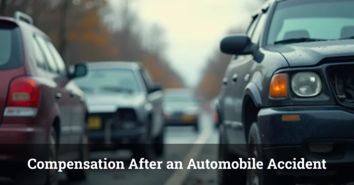 Close-up of damaged cars on a busy road after an Compensation After an Automobile Accident, emphasizing the importance of knowing your legal rights for compensation.