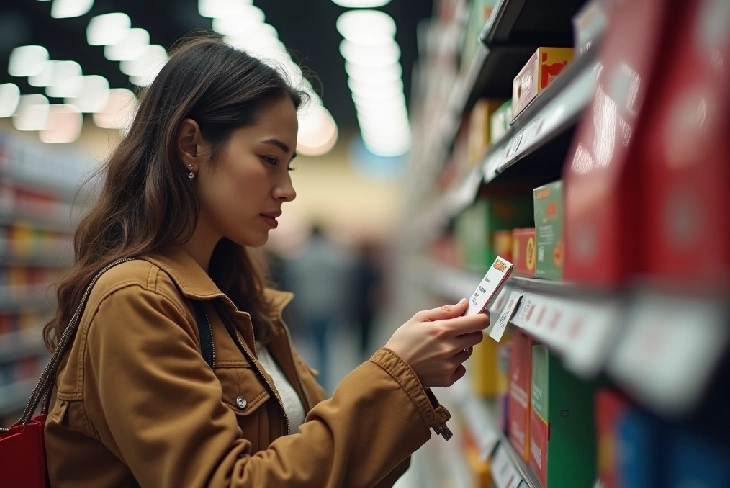 Worried shopper examining price tags, illustrating how economic uncertainty impacts consumer spending habits