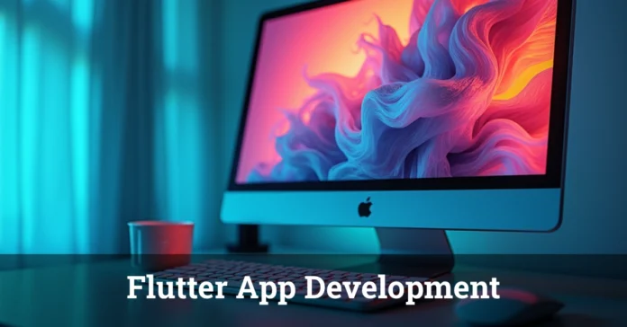 A sleek Apple iMac displaying a futuristic, abstract digital design, representing innovation in Flutter App Development.