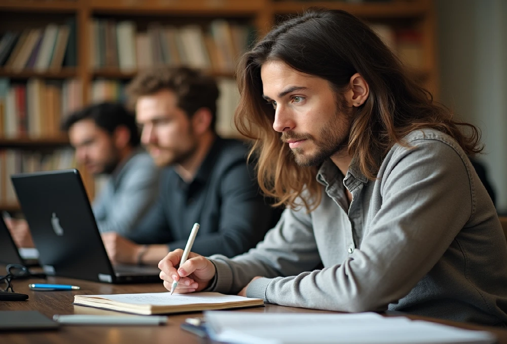 A student Research Paper in a notebook while seated at a desk, with laptops and books in the background.