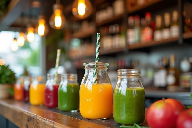 Vibrant juice bar counter with fresh fruits and smiling staff, showcasing a successful start to a juice bar business