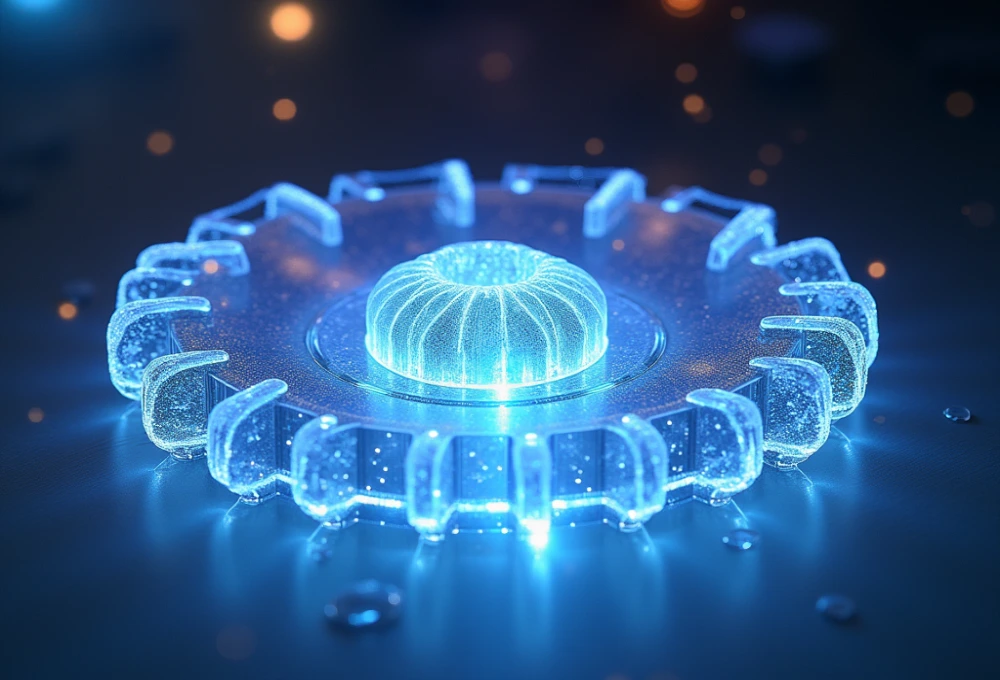 A glowing, futuristic gear-like structure with intricate details, illuminated in vibrant blue tones, symbolizing advanced Virtual Vortex technology.