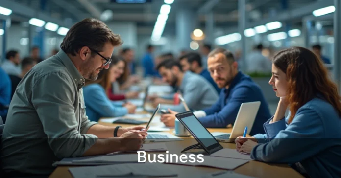 A Business environment with professionals collaborating at a long table, using laptops and documents.