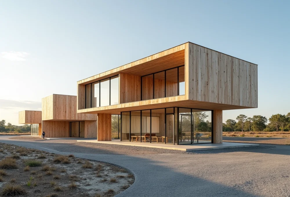 Modern Prefab Buildings wooden with large glass windows, set in an open landscape under a clear sky.