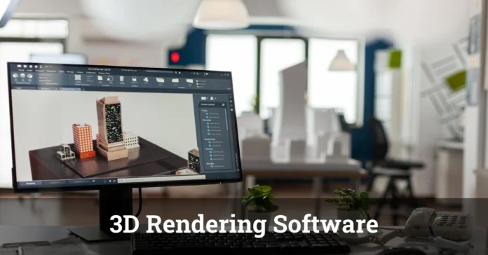 A modern computer monitor displaying a 3D rendering software interface with miniature buildings, set in a stylish and creative workspace.