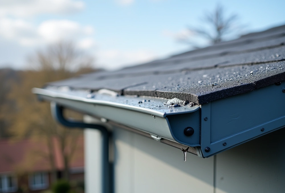 Close-up view of a Flat Roof Gutter with water droplets, showcasing effective drainage on a modern roof.