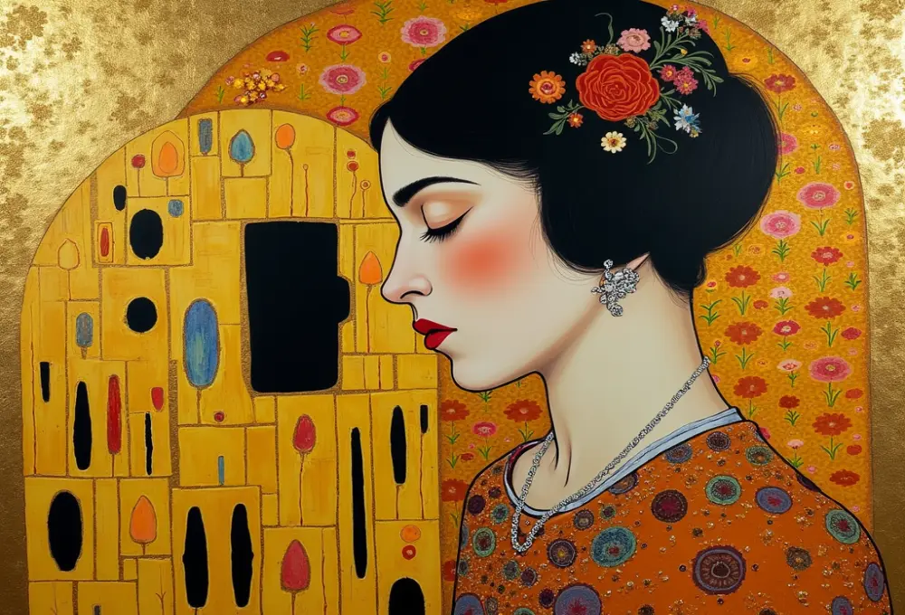 A vibrant artwork inspired by Gustav Klimt's Timeless Oil Paintings, featuring intricate golden patterns, floral motifs, and a woman in an ornate dress.