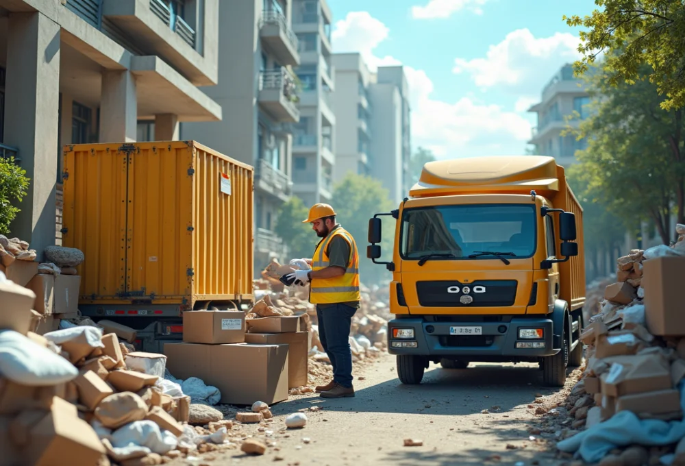 A worker in a safety vest and helmet sorting Junk Removal a yellow truck and container in an urban area surrounded by discarded items.