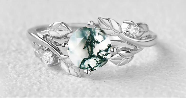 Leaf Moss Agate Engagement Ring