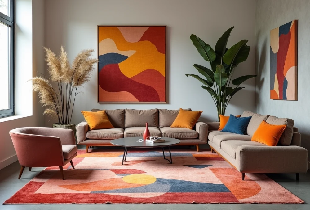 A Modern Rugs living room featuring a bold abstract rug in warm tones, complemented by neutral furniture, vibrant cushions, and contemporary decor elements.