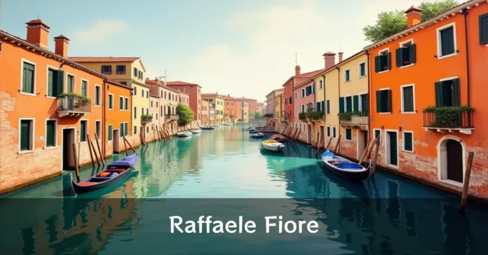 Raffaele Fiore of colorful Italian buildings and gondolas along a tranquil Venice canal.
