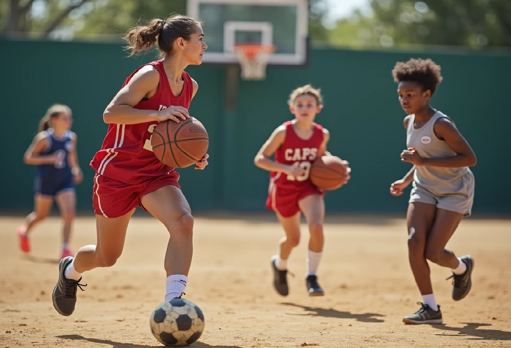 Adults Sports Rec League basketball and soccer together on an outdoor court in a recreational sports league.