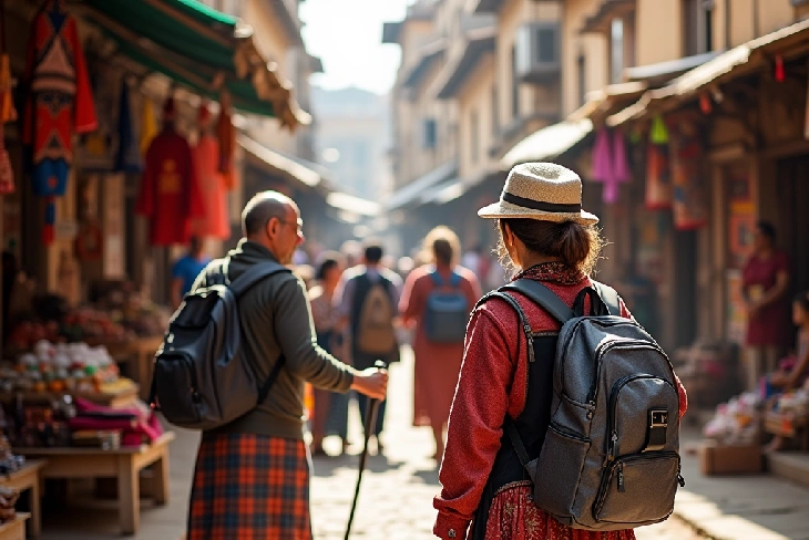 Diverse group of tourists engaging in Cultural Tourism activities, exploring traditional markets and historical landmarks