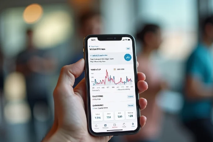 Smartphone displaying Fitness App interface with workout tracking, nutrition log, and progress charts, showcasing comprehensive health management features