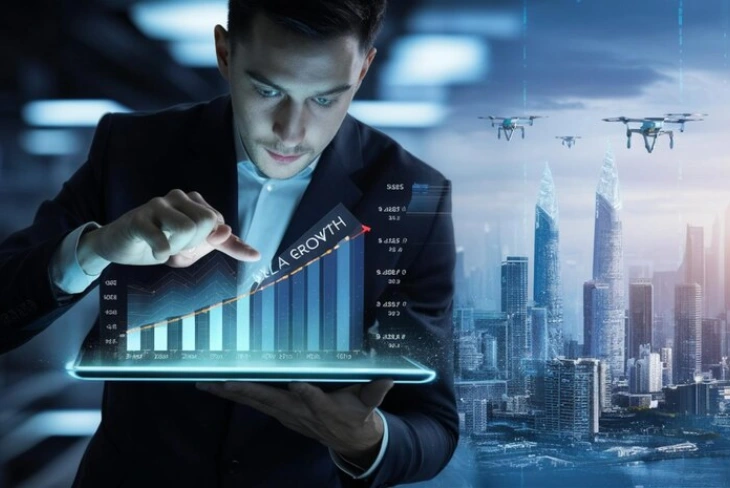 Futuristic workspace with AI tools and holographic screens boosting future of business productivity.