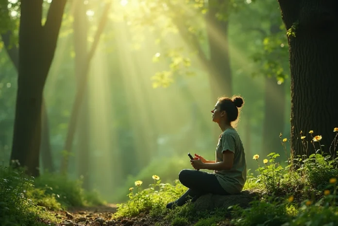 Person meditating in a lush forest, embodying the concept of Heal Ourselves Through Nature through mindful connection with the environment