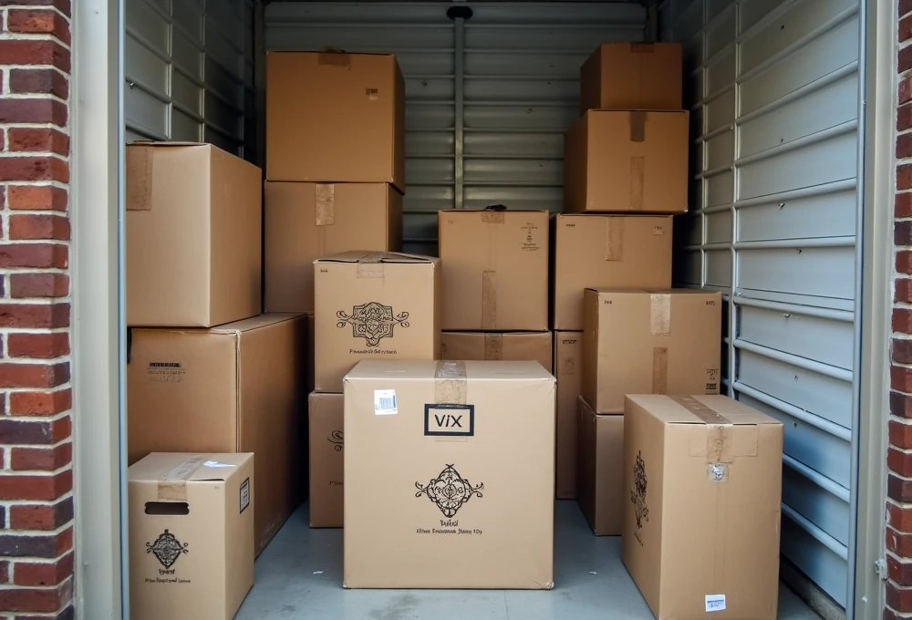 Organizing a Self Storage Unit filled with neatly stacked cardboard boxes in rows.