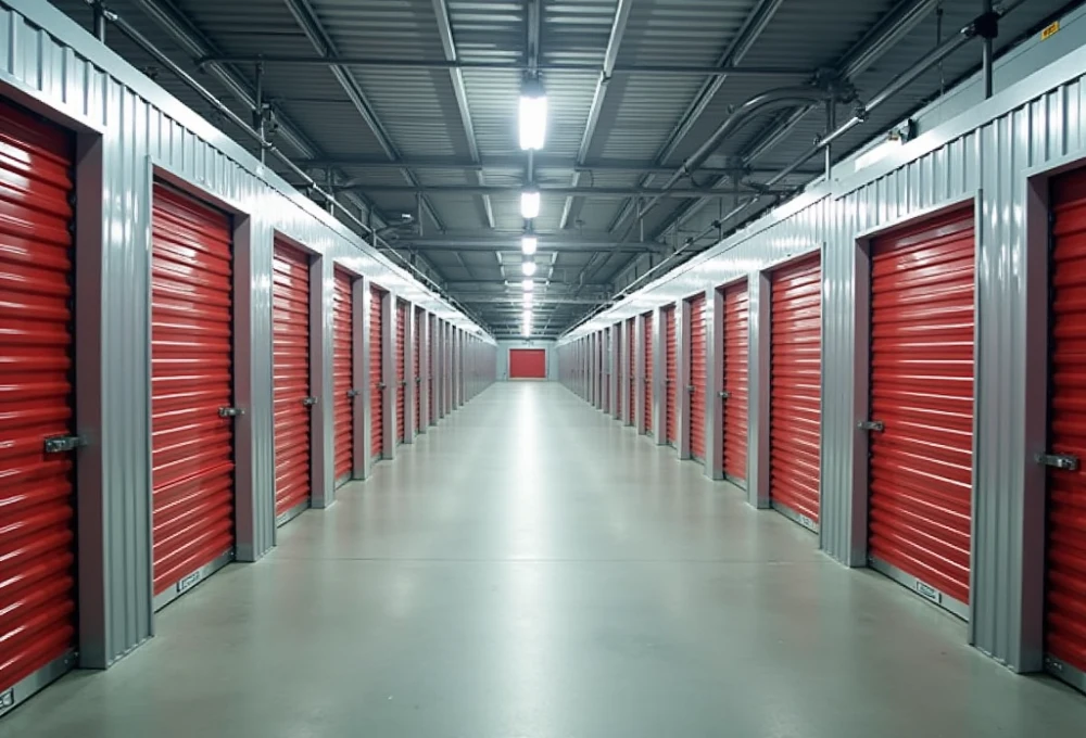 A well-lit hallway of a modern Self-Storage Units facility with rows of red roll-up doors on both sides.