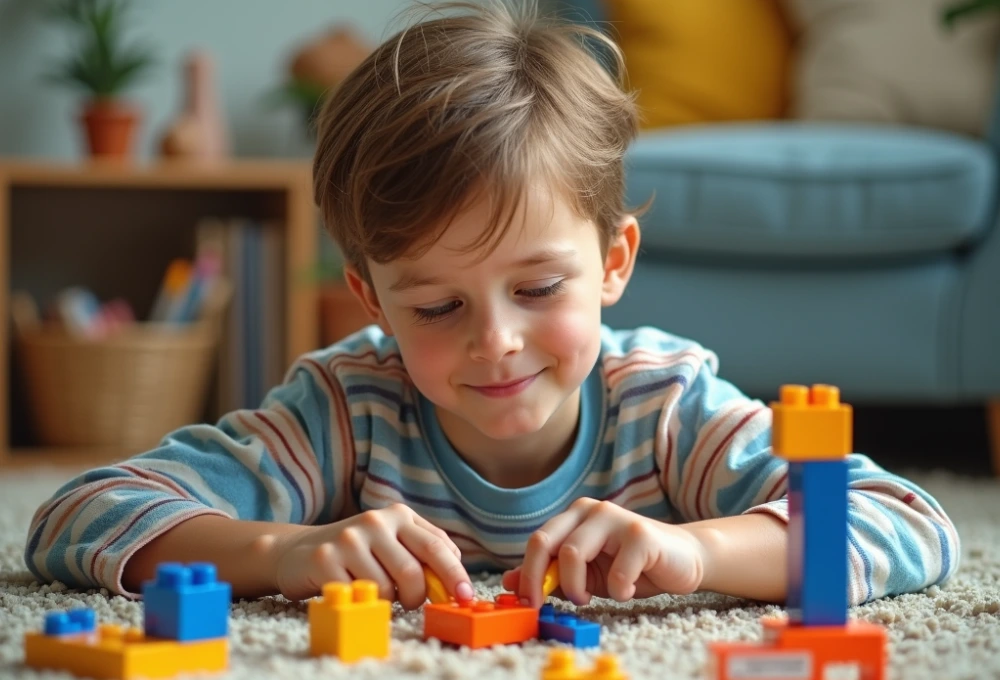 Toys for 6-Year-Old Boys playing with colorful building blocks on a carpeted floor in a cozy living room setting.