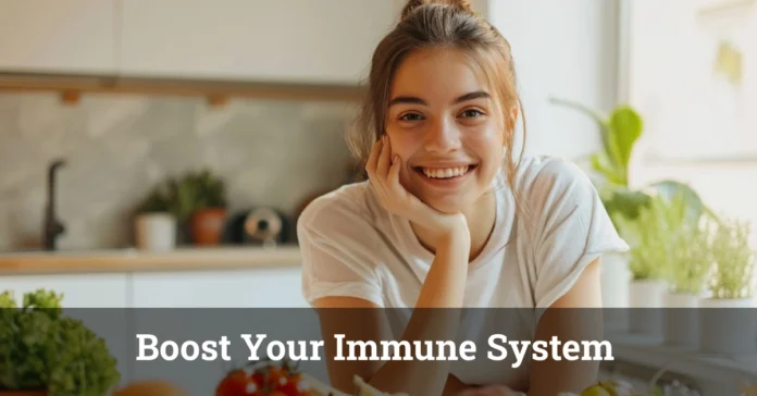 Healthy foods, supplements & exercise gear showing natural ways to Boost Your Immune System for better health & wellness.