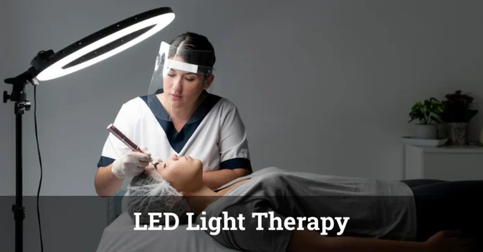 Woman undergoing LED light therapy for skincare benefits.