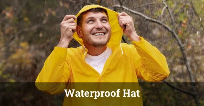 Durable waterproof hat for rain protection and outdoor wear.