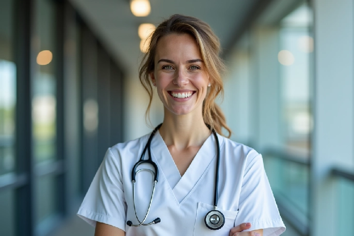 Smiling nurse in scrubs holding a textbook, representing the path to Become a BSN