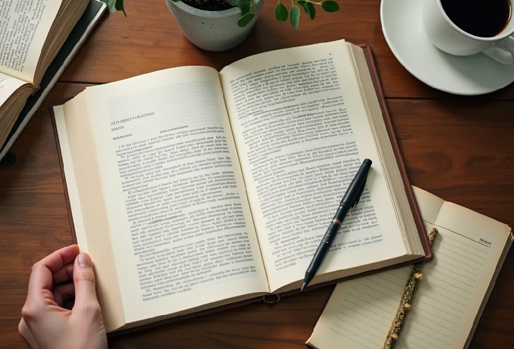 An Book Manuscript with a pen resting on its pages, accompanied by a notebook, coffee cup, and potted plant on a wooden desk.