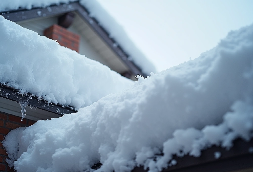 Snow-covered house roof with icicles forming on the edges, highlighting winter roofing challenges.