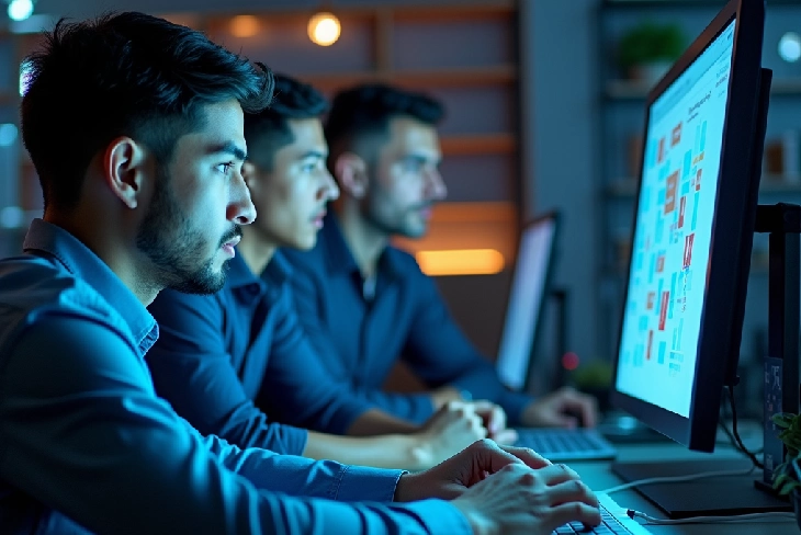 Team of developers collaborating on innovative software solutions, showcasing diverse applications on multiple computer screens