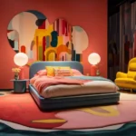 A vibrant, modern bedroom with abstract wall art, bold colors, and a cozy bed with layered textures and soft lighting.