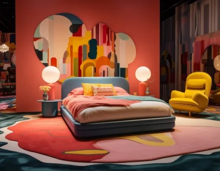 A vibrant, modern bedroom with abstract wall art, bold colors, and a cozy bed with layered textures and soft lighting.