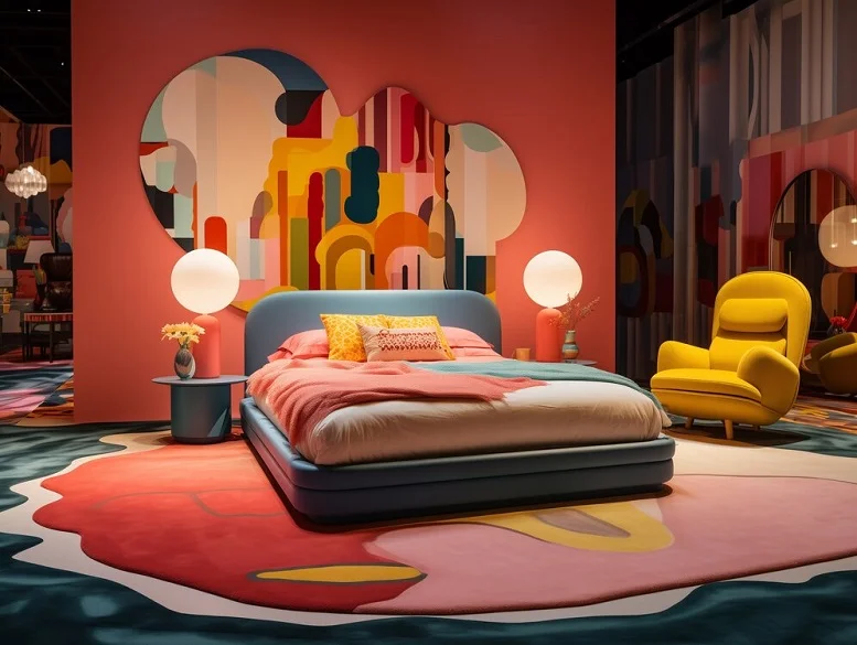 A vibrant, modern bedroom with abstract wall art, bold colors, and a cozy bed with layered textures and soft lighting.