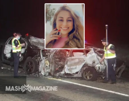 Damaged car on roadside with emergency vehicles, depicting the aftermath of Brittany Atkins' car accident.