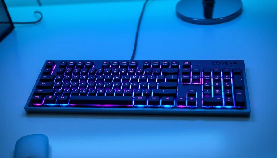 Coveva S801-C keyboard with RGB backlighting on a modern workspace.