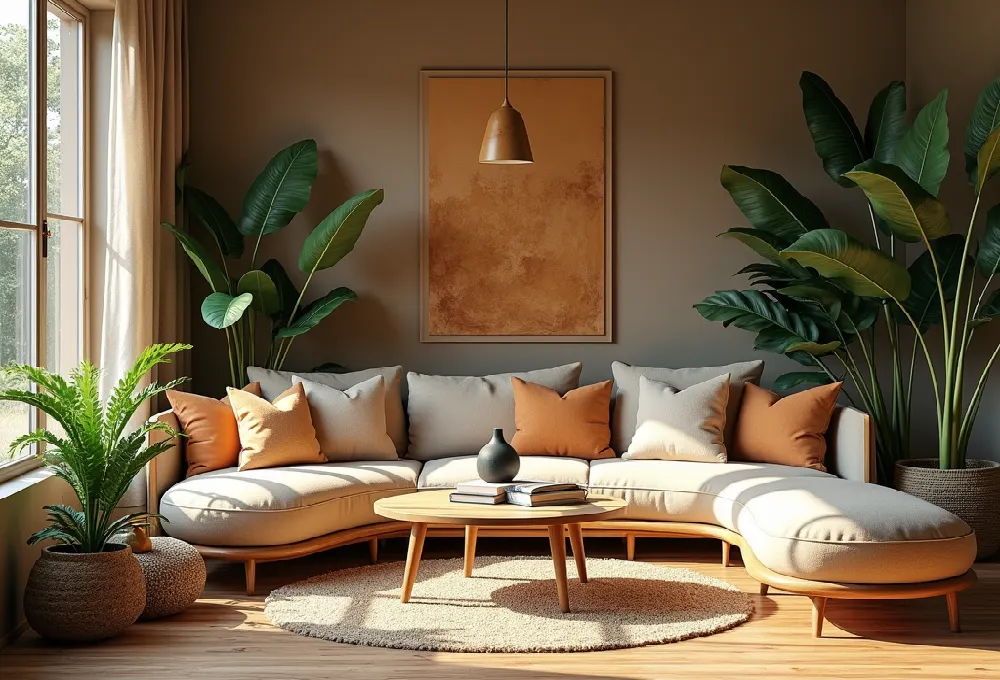 Modern living room with a curved beige sofa, orange and white cushions, wooden coffee table, lush green plants, and warm natural lighting Decor Ideas